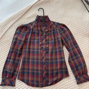 Vintage Plaid Blouse with Ruffle Bib